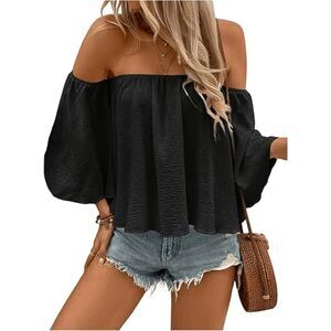 Off Shoulder Ruffle Hem Flowy Chiffon Blouses Top, M, 1D-141T002